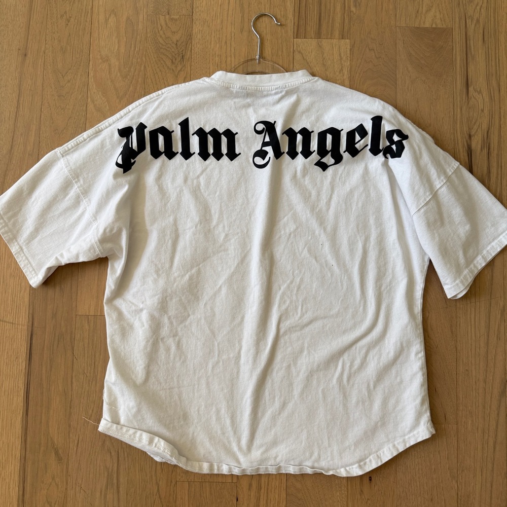 Palm Angels T-Shirt Mens L White Logo Collar Back Graphic Oversized Streetwear